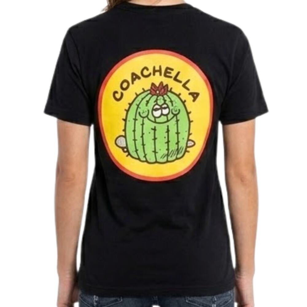 Coachella Festival Yellow Green Cactus Black Tee T-Shirt Size S Double Sided